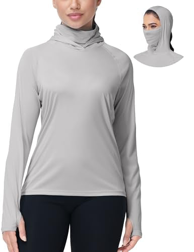 isnowood Women's Sun Protection Hoodie UPF 50+ Hiking Fishing Shirt, Long Sleeve UV Rash Guard with Face Mask Lightweight - color: Light Grey, size: XX-Large