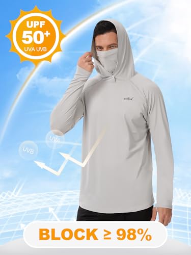 Men's UPF 50+ Sun Protection Hoodie Lightweight Quick Dry Fishing Shirts Long Sleeve Rash Guard with Mask - color: Light Grey, size: Small