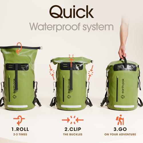 Earth Pak Waterproof Backpack - Heavy Duty Hiking Backpack - Roll-Top Closure Bag - Cushioned Dry Bag Waterproof Phone Case - color: Green, size: 55L