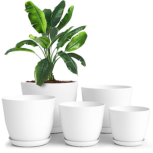 Utopia Home Plant Pots Indoor with Drainage Holes – Set of 5 White Plastic Flower Pots (7/6.6/6/5.3/4.8 Inch) – Modern Planters for Indoor Plants, Room & Office Décor, Great Stocking Stuffers