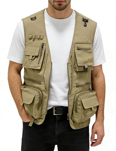 Men's Lightweight Mesh Fishing Vest Utility Outdoor Multi-Pocket Hunting Cargo Vest - color: Khaki, size: XX-Large