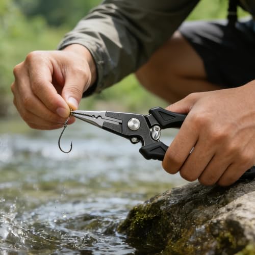 Aluminum Fishing Pliers, Stainless Steel Hook Remover, with Tungsten Carbide Cutters, Serrated Jaws, TPR Ergonomic Handle, Includes Sheath and Lanyard