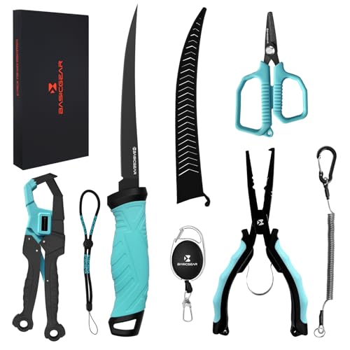 BasicGear Fishing Tool Set – 7” Pliers, 9.5” Fish Lip Gripper, 4.5” Scissors, 7” Fillet Knife, Retractable Clip & Steel-Core Tether, Rust-Resistant Multi-Tool Kit for Anglers - color: Blue