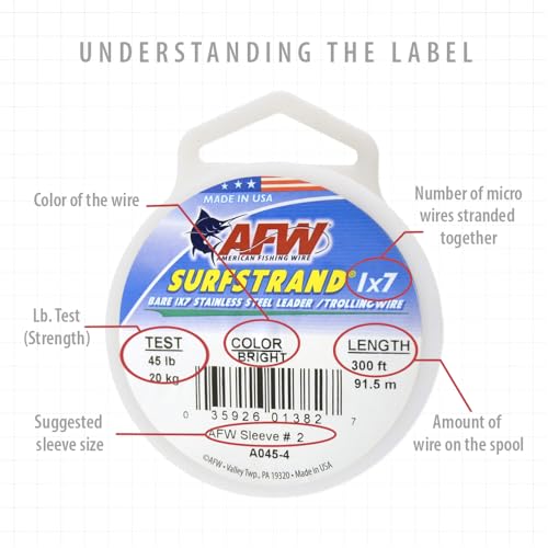 American Fishing Wire Surfstrand Bare 1x7 Stainless Steel Leader Wire - Fishing Leader Line for Saltwater, 20lb Test - 325lb Test in Bright, Camo in 30ft, 300ft, 600ft and 1,000ft Lengths - color: Camo, size: 40 lb / 300 ft