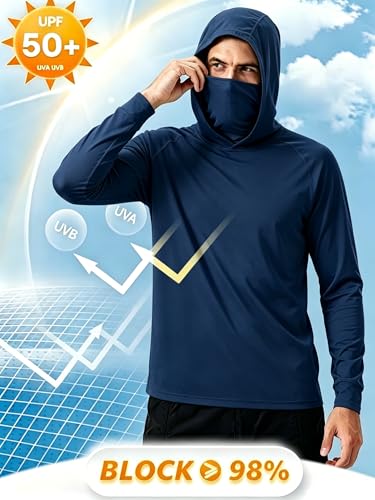 LeeHanTon Men UPF 50+ Sun Protection Hoodie Long Sleeve Shirts Dry-Fit UV Breathable Work Athletic Summer Pullover Sweatshirt - color: A-navy-with Mask, size: Medium