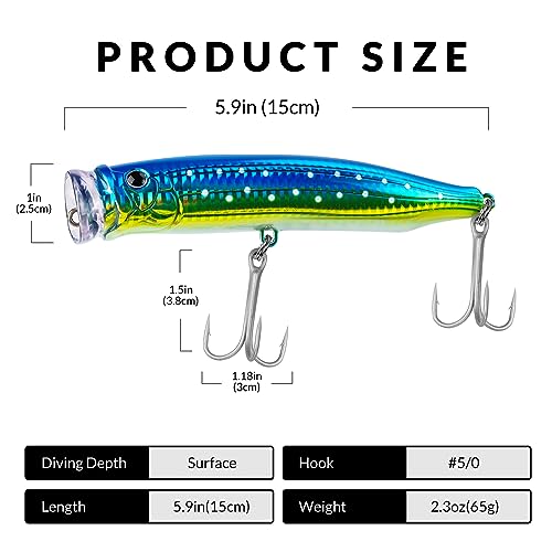 THKFISH Popper Lures Saltwater Tuna Popper Topwater Fishing Lures for Surf Fishing Bass with 3D Eyes for GT Tuna Large Fish 5.9in 1pc/3pcs - color: 1PC-BLU-GRN
