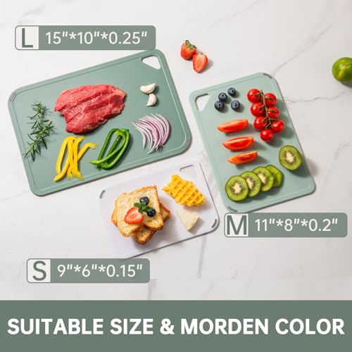 Plastic Cutting Board Set of 3-Cutting Boards for Kitchen BPA Free, Large-Small Chopping Boards Non-Slip for Cooking Camping Dishwasher Safe, Reversible, with Grip Handle, 15"×10"×0.6" Green