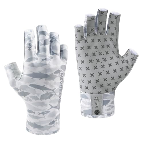 BASSDASH 3/4 Finger UPF 50+ Sun Gloves Breathable Anti-Slip Silicone Palm for Men Women Fishing Fingerless Cycling Running - color: Grey Fishes, size: Large
