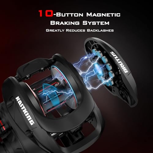 KastKing Brutus Baitcasting Fishing Reel, Graphite Frame, 7.2:1 Gear Ratio, 5+1 Shielded Stainless-Steel Ball Bearings,10 Button Magnetic Braking System, 17.6LB Carbon Fiber Drag, Aluminum Handle - color: Right Handed-7.2:1