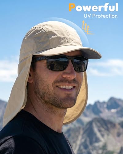 Mens Sun Hat with Breathable Mesh Sun Hats for Men Sun Protection Fishing Hat with Neck Flap for Hiking Cycling - color: Light Beige