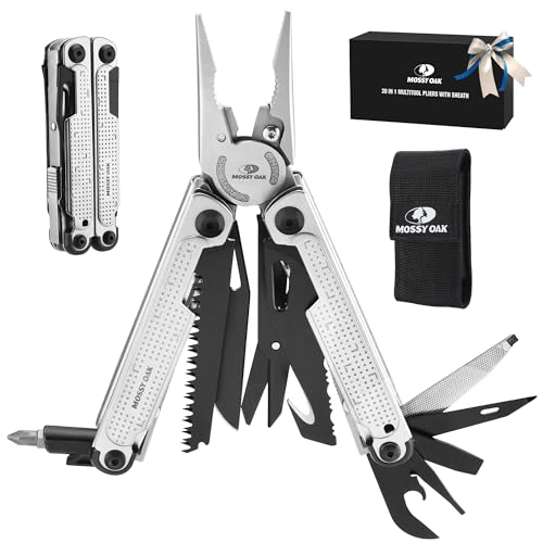 MOSSY OAK 20-in-1 Multitool Pliers with Window Breaker, Stainless Steel | Includes sheath for easy carry, ideal for camping, hiking, survival, emergencies, and EDC use - style: 20-in-1 Self-Locking Pliers
