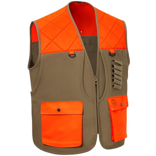 BASSDASH Upland Game Field Water-Resistant Bird Hunting Vest with Multi Pockets Men Women FV11 - color: Dark Khaki/Blaze Orange, size: Medium