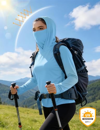 isnowood Women's Sun Protection Hoodie UPF 50+ Hiking Fishing Shirt, Long Sleeve UV Rash Guard with Face Mask Lightweight - color: Light Blue, size: Small