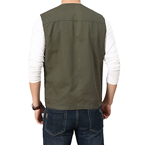 PRIJOUHE Men's Casual Outdoor Cotton Vest Lightweight Breathable Multi-Pocket Fishing Safari Travel Vests Outwear - color: 02-green, size: Medium
