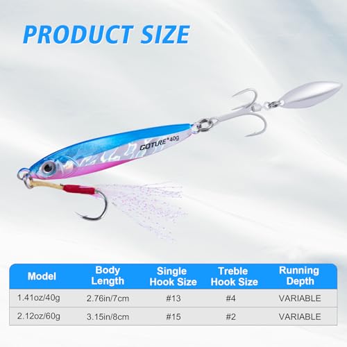 Goture Fishing Jigs, 40g 60g Vertical Jig Saltwater Freshwater, Jig Fishing Lures with Assist Hooks and Treble Hook, Jigging Spoon Lures for Tuna, Salmon,Striped Bass, Grouper Snapper,Kingfish - color: A3:5pcs Fishing Jigs, size: 1.41oz/40g