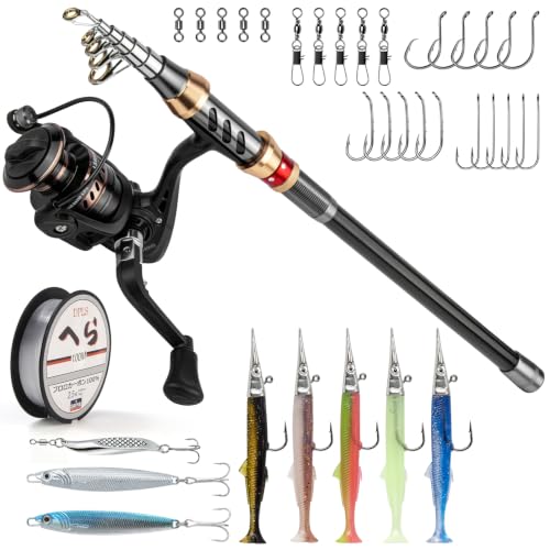 Alwonder Fishing Spinning Rod and Reel Combos, Carbon Fiber Telescopic Fishing Rod 4000 Spinning Reel Set Saltwater Freshwater with Jigs Spoon Spinner Sandeel Lures Line Gear Accessories Tackle - size: M - 2.1M/6.89FT