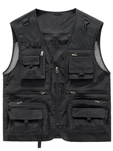 Lucrosun Men's Lightweight Outdoor Fishing Vest Utility Safari Vest with Pockets - color: Black, size: Medium