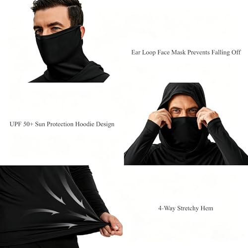 LeeHanTon Men UPF 50+ Sun Protection Hoodie Long Sleeve Shirts Dry-Fit UV Breathable Work Athletic Summer Pullover Sweatshirt - color: A-black-with Mask, size: Medium