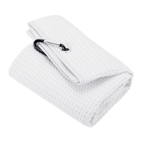 PATIKIL 20"x16" Tri-Fold Golf Towels, Waffle Pattern Towels Soft Fiber Strong Water Absorption with D Clip for Golf Lovers, White - color: White, size: 20"x16"