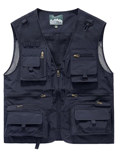 Men's Lightweight Mesh Fishing Vest Utility Outdoor Multi-Pocket Hunting Cargo Vest - color: Navy Blue, size: X-Large