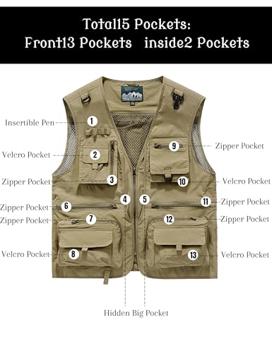 Men's Lightweight Mesh Fishing Vest Utility Outdoor Multi-Pocket Hunting Cargo Vest - color: Khaki, size: Large