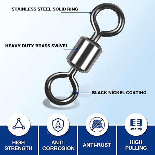 Barrel Swivels Fishing Tackle, 20/80pcs Heavy Duty Fishing Swivel Connector Stainless Steel Black Nickel Rolling Swivels Saltwater Freshwater 30-1322lb - size: 80pcs--1/0--135lb