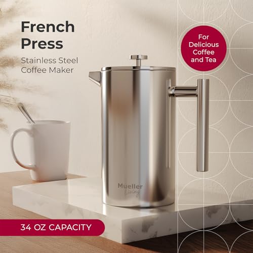 MuellerLiving French Press Coffee Maker 34oz, Stainless Steel French Press Coffee, 4 Filter Heat Resistant Double Insulated, Rust-Free, Food Grade, Dishwasher Safe Coffee Pot