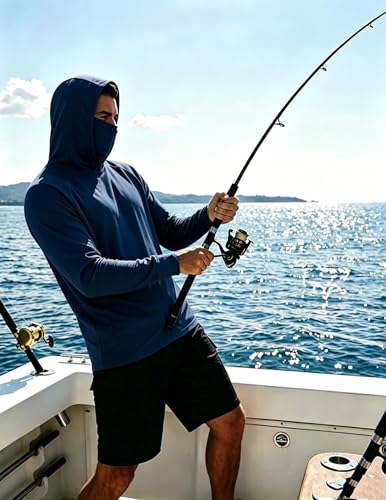 LeeHanTon Men UPF 50+ Sun Protection Hoodie Long Sleeve Shirts Dry-Fit UV Breathable Work Athletic Summer Pullover Sweatshirt - color: A-navy-with Mask, size: Medium