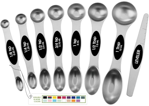 Spring Chef Stainless Steel Magnetic Measuring Spoons Set with Strong N45 Magnets, Heavy Duty Metal Kitchen Gadgets for Baking & Cooking, Fits in Most Kitchen Spice Jars, Set of 8 with Leveler, Black