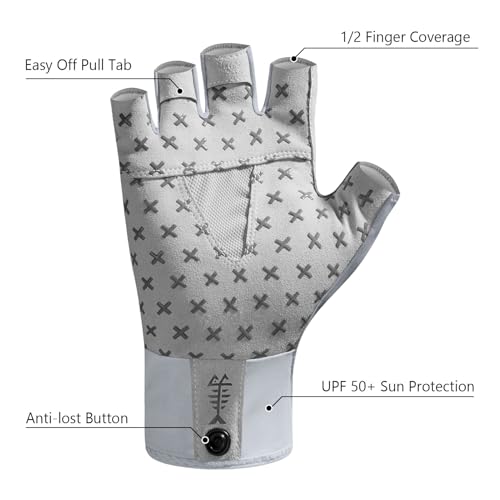 BASSDASH Unisex UPF 50+ Half Finger Sun Gloves Fingerless Breathable UV Protection for Fishing Hiking Kayaking Rowing FG02 - color: Cool Grey/Marlin, size: Large