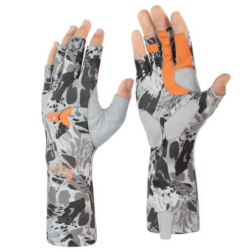 KastKing Agies Fishing Gloves Men, UPF 50+ Sun Gloves UV Protection, Cooling Quick-Dry 3/4 Fingerless Gloves with Extended Cuff, Microfiber Palm & Pull Tabs, for Fishing, Kayaking, Hiking, Hunting - color: X Camo-Gray, size: Large-X-Large