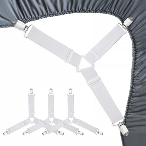 Bed Sheet Fasteners, Adjustable Mattress Suspenders, Mattress Cover Straps, Bed Corner Holder and Keepers and the Bed Sheet Grippers Clips (Triangle White Set of 4)
