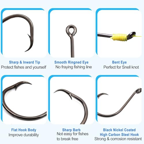 50Pcs Circle Hooks with Fishing Hook Remover, Super Sharp and Offset Catfish Octopus Circle Hooks for Saltwater and Freshwater, Nickel Coated High Carbon Steel, Sizes #1-8/0 - color: Black Nickel, size: 5/0