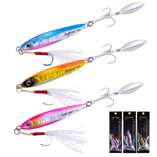 Goture Fishing Jigs, 40g 60g Vertical Jig Saltwater Freshwater, Jig Fishing Lures with Assist Hooks and Treble Hook, Jigging Spoon Lures for Tuna, Salmon,Striped Bass, Grouper Snapper,Kingfish - color: A1:3pcs Fishing Jigs, size: 1.41oz/40g