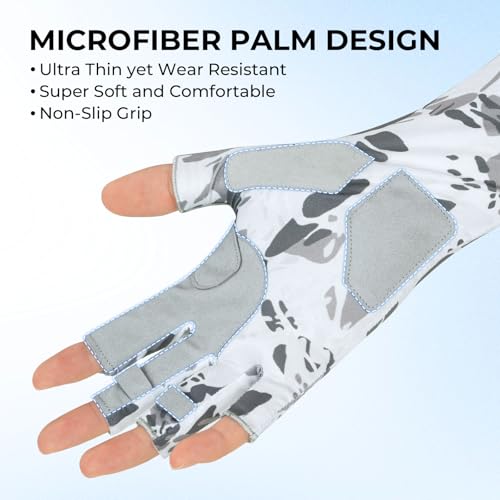 KastKing Agies Fishing Gloves Men, UPF 50+ Sun Gloves UV Protection, Cooling Quick-Dry 3/4 Fingerless Gloves with Extended Cuff, Microfiber Palm & Pull Tabs, for Fishing, Kayaking, Hiking, Hunting - color: X Camo-White, size: Large-X-Large