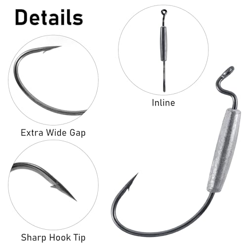 Dr.Fish 15 Pack Weighted EWG Hooks Weighted Worm Swimbait Hooks Bass Fishing Inline Extra Wide Gap Texas Rig Carolina Rig - size: 1/16oz-#2/0 Hook