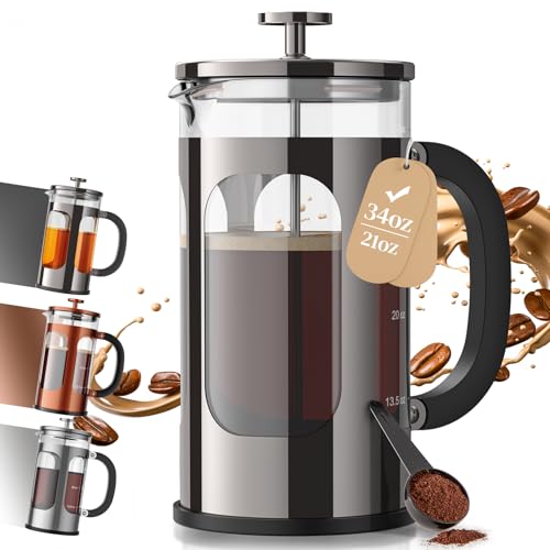 Veken French Press Coffee Maker 34oz, No Plastic Touching Cafe,Thickened Glass Stainless Steel Brewer, Cold Brew Cafetera Tea pot for Kitchen Travel Camping, Gifts, Decor, Bar Accessories, Dark Pewter