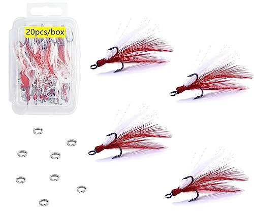 Fishing Treble Hooks Feather Dressed: 20pcs/Box Feathered Treble Hook Size 2 4 6 8 with Split Rings Replacement for Fishing Lure Spinner Spoon Crankbait Making - color: Red and White, size: 8#