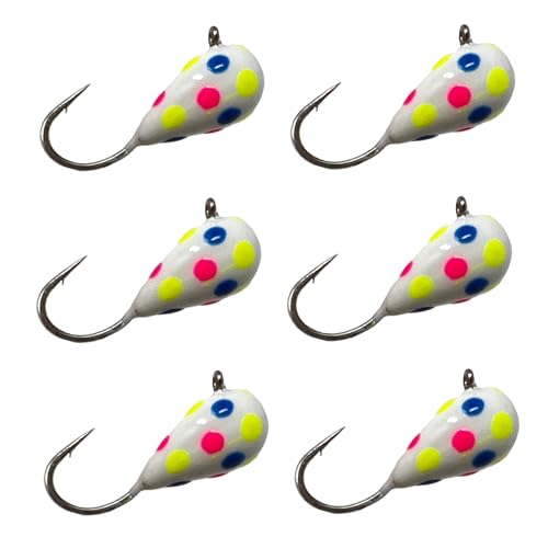 Reaction Tackle Tungsten Ice Fishing Jigs, Tear Drop Jig Heads that Glow with UV Light for Panfish, Crappie, Walleye, Perch, Trout and Bluegill - color: Wonder Glow Spots 6-pcs, size: 5 mm