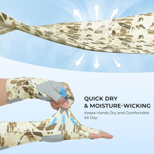 KastKing Agies Fishing Gloves Men, UPF 50+ Sun Gloves UV Protection, Cooling Quick-Dry 3/4 Fingerless Gloves with Extended Cuff, Microfiber Palm & Pull Tabs, for Fishing, Kayaking, Hiking, Hunting - color: X Camo-Neutral, size: Small-Medium