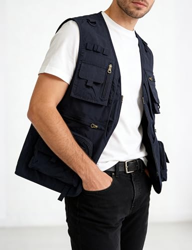 Men's Lightweight Mesh Fishing Vest Utility Outdoor Multi-Pocket Hunting Cargo Vest - color: Navy Blue, size: 3X-Large