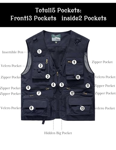 Men's Lightweight Mesh Fishing Vest Utility Outdoor Multi-Pocket Hunting Cargo Vest - color: Navy Blue, size: Medium