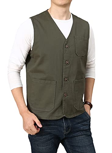 PRIJOUHE Men's Casual Outdoor Cotton Vest Lightweight Breathable Multi-Pocket Fishing Safari Travel Vests Outwear - color: 02-green, size: Medium