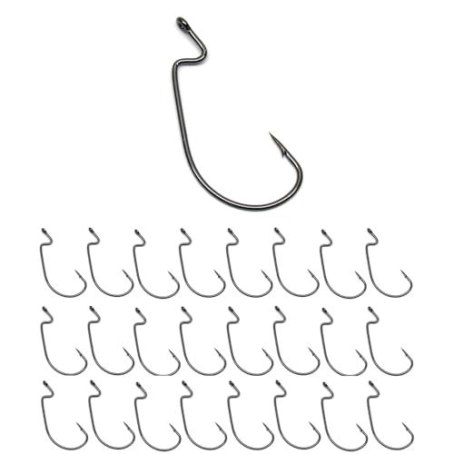 Reaction Tackle Offset EWG Worm Hooks - Super Strong Wide Gap Texas Rig Hooks for Soft Plastic Baits - High Carbon Steel Bass Fishing Hooks (25-Pack) - size: #1