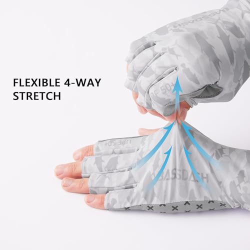 BASSDASH 3/4 Finger UPF 50+ Sun Gloves Breathable Anti-Slip Silicone Palm for Men Women Fishing Fingerless Cycling Running - color: Grey Fishes, size: Small