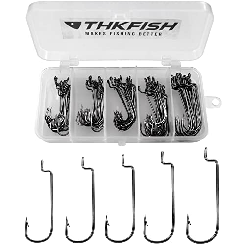 THKFISH 50pcs/100pcs/box Offset Worm Hook Fishing Hook Set Dropshot Hook Set Rubber Fish Jigs Fishing Kit # 2# 1 1/0 2/0 3/0 - color: A1-Offset Shank Worm Hooks, size: five sizes-100pcs