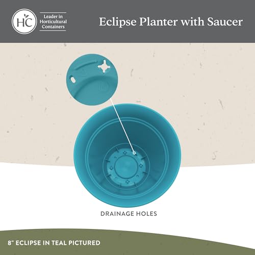The HC Companies Eclipse Round Planter with Saucer - Outdoor & Indoor Plant Pot with Drainage Holes - Lightweight, UV-Resistant Plastic Pots for Plants, Flowers & Herbs (8" Warm Gray, Pack of 1)