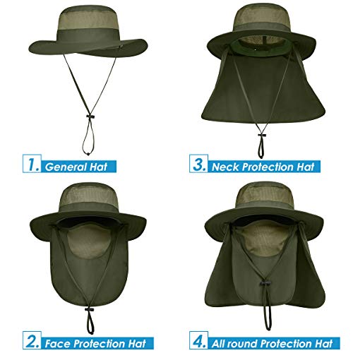 IYEBRAO Mens Outdoor Sun Hat with Face Neck Flap UV Protection Wide Brim Fishing Hat for Hiking Safari Gardening UPF 50+ - color: 2 Pack-dark Gray＆army Green