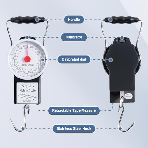 Goture Fishing Hanging Scale + Rope + Ruler, Mechanical Kitchen and Fish Fishing Scale, Multi-Purpose Portable Hand Held Dial Weight Scale with Tape Measure (50 Lbs / 22Kg) - color: Fishing Scale + Rope + Ruler