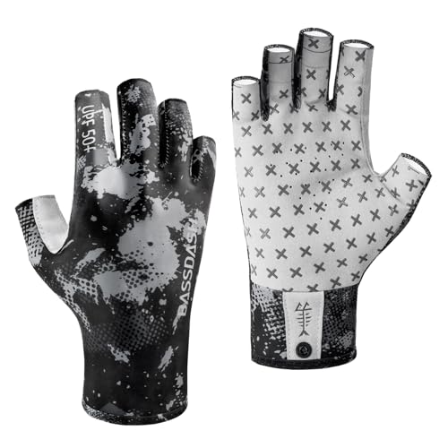 BASSDASH 3/4 Finger UPF 50+ Sun Gloves Breathable Anti-Slip Silicone Palm for Men Women Fishing Fingerless Cycling Running - color: Black Sport Camo, size: Small